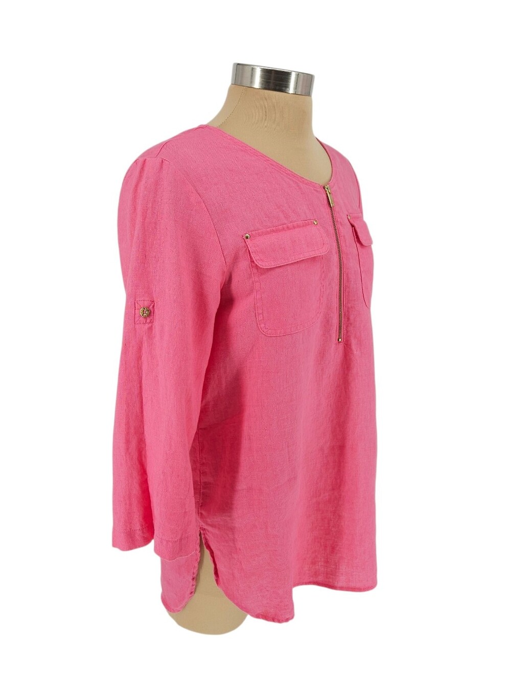 Jones New York Sport Tunic Top Linen Pink Roll Tab Long Sleeve Zip Shirt Small - Picture 2 of 8